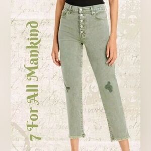 7 For All Mankind Sage Green Button Fly Distress Jeans, Size 28